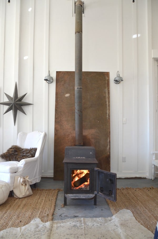 wood stove in the barn